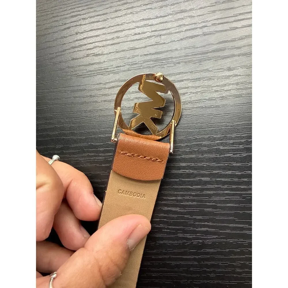 Authentic Michael Kors Brown Leather Belt Gold Crystal MK Buckle S/M READ BELOW